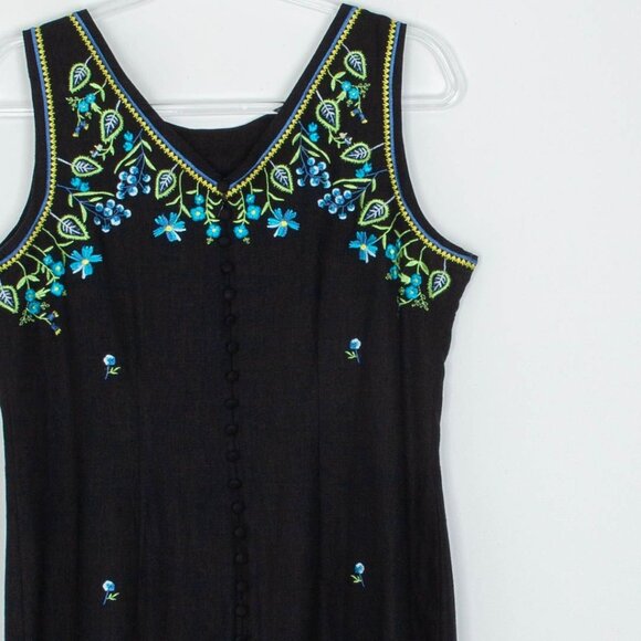 Vintage Megan Lee Womens Floral Embroidered Linen Blend Maxi Dress Size 12 Black - Picture 7 of 10
